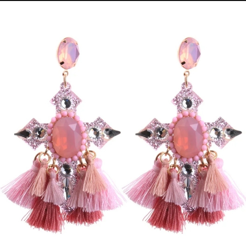 Fabulous Girly Pink Maltese Cross Tassel Earrings